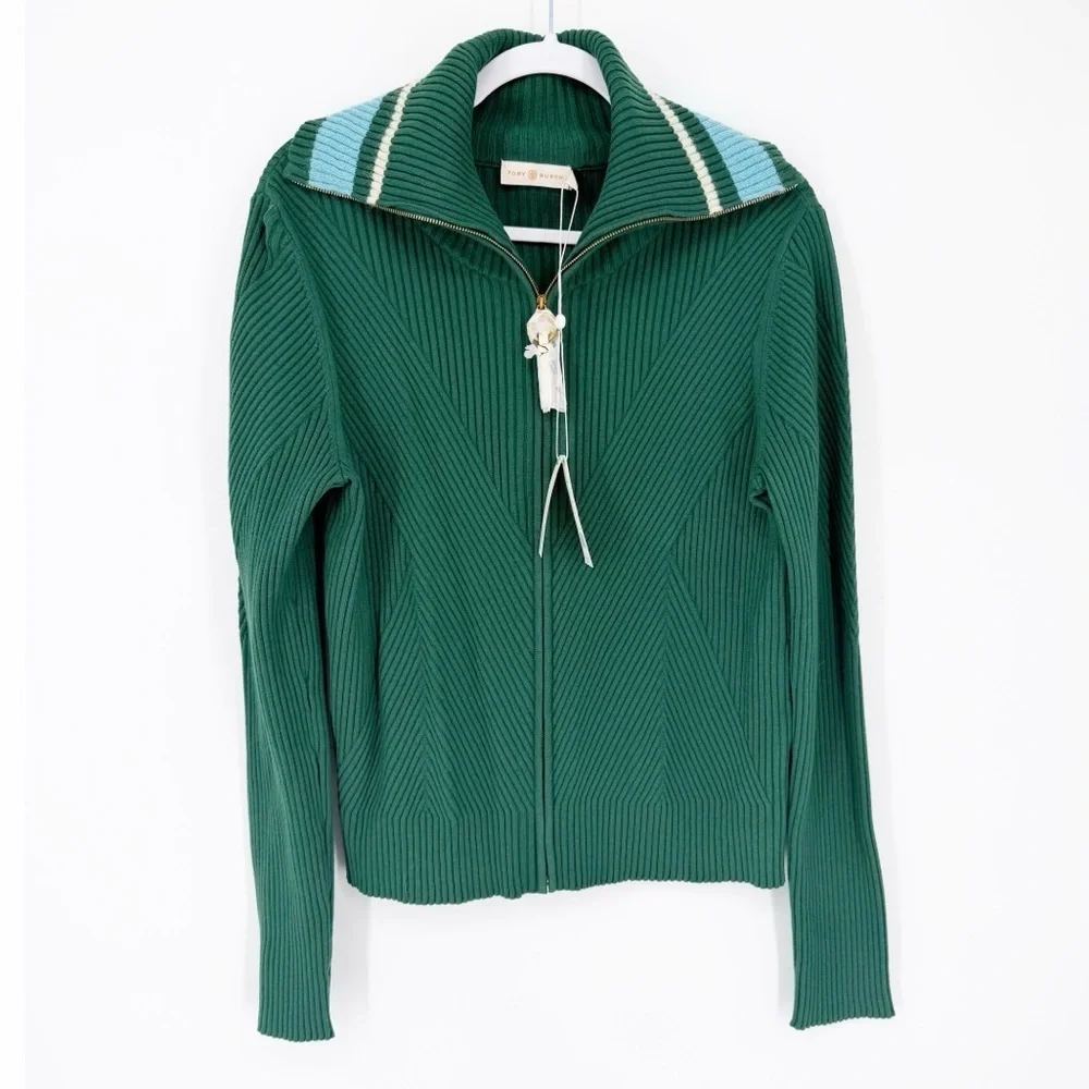 NWT Tory Burch Noland Zip Cardigan Sweater in Norwood Green Size XL